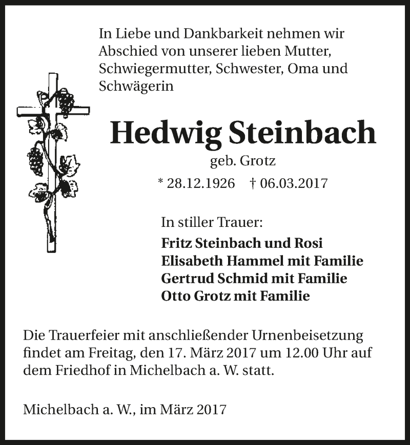  Traueranzeige für Hedwig Steinbach vom 14.03.2017 aus 