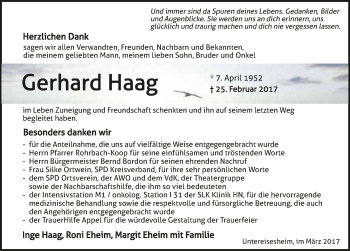 Traueranzeige von Gerhard Haag 