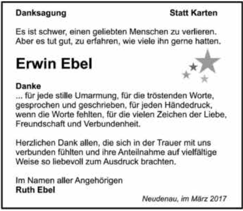  Traueranzeige für Erwin Ebel vom 22.03.2017 aus 