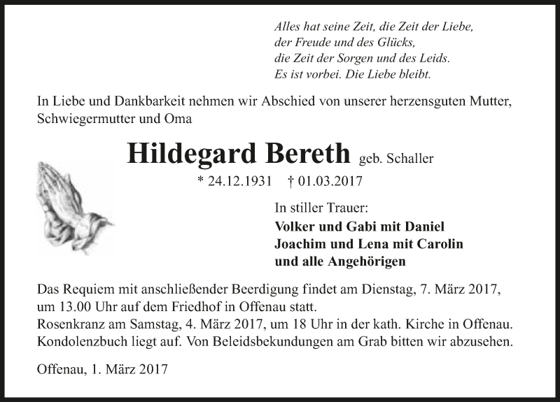  Traueranzeige für Hildegard Bereth vom 04.03.2017 aus 