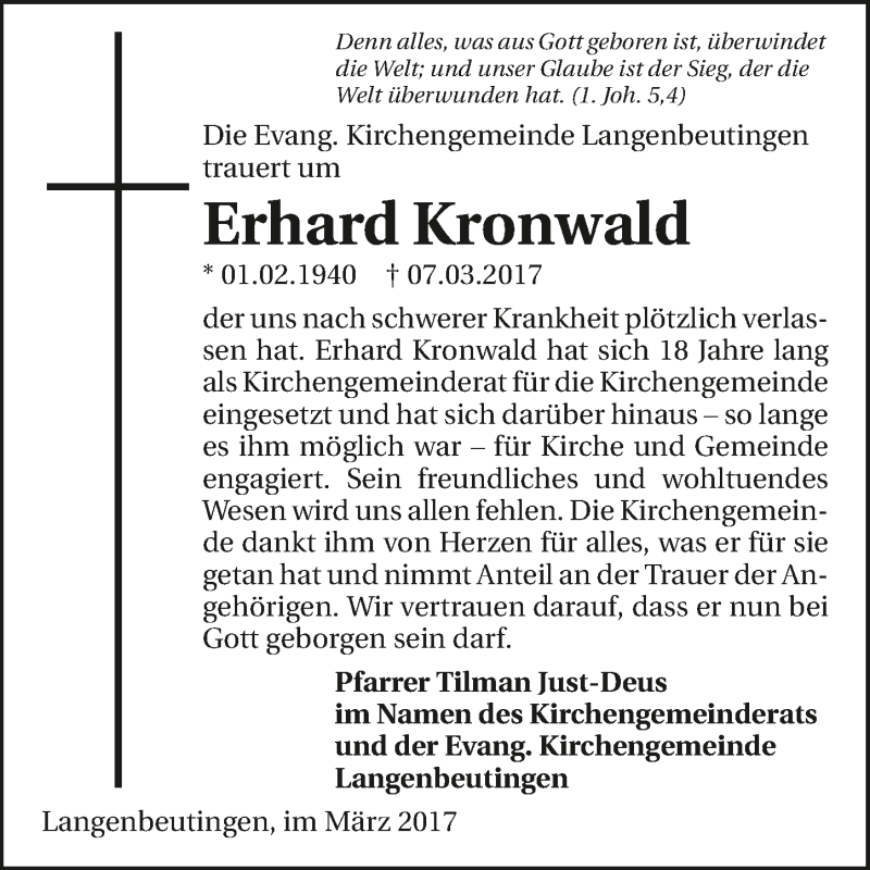  Traueranzeige für Erhard Kronwald vom 10.03.2017 aus 