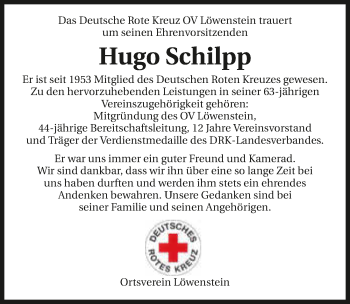 Traueranzeige von Hugo Schilpp 
