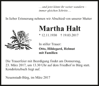 Traueranzeige von Martha Halt 