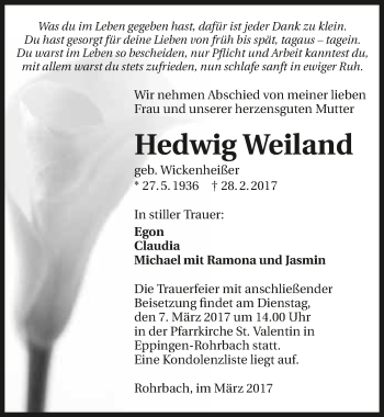 Traueranzeige von Hedwig Weiland 