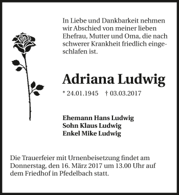 Traueranzeige von Adriana Ludwig 