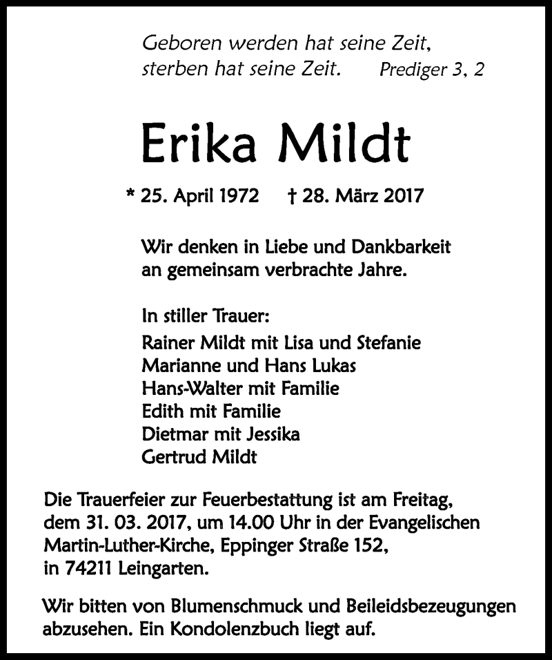  Traueranzeige für Erika Mildt vom 30.03.2017 aus 