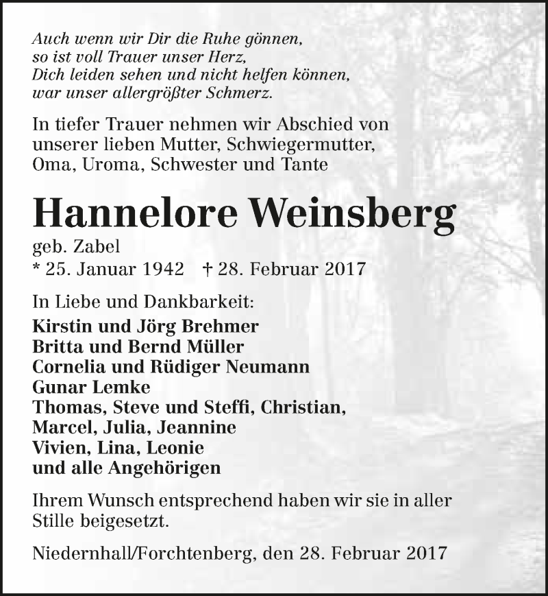  Traueranzeige für Hannelore Weinsberg vom 11.03.2017 aus 