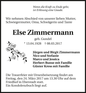 Traueranzeige von Else Zimmermann 