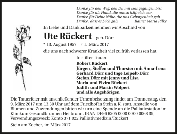 Traueranzeige von Ute Rückert 