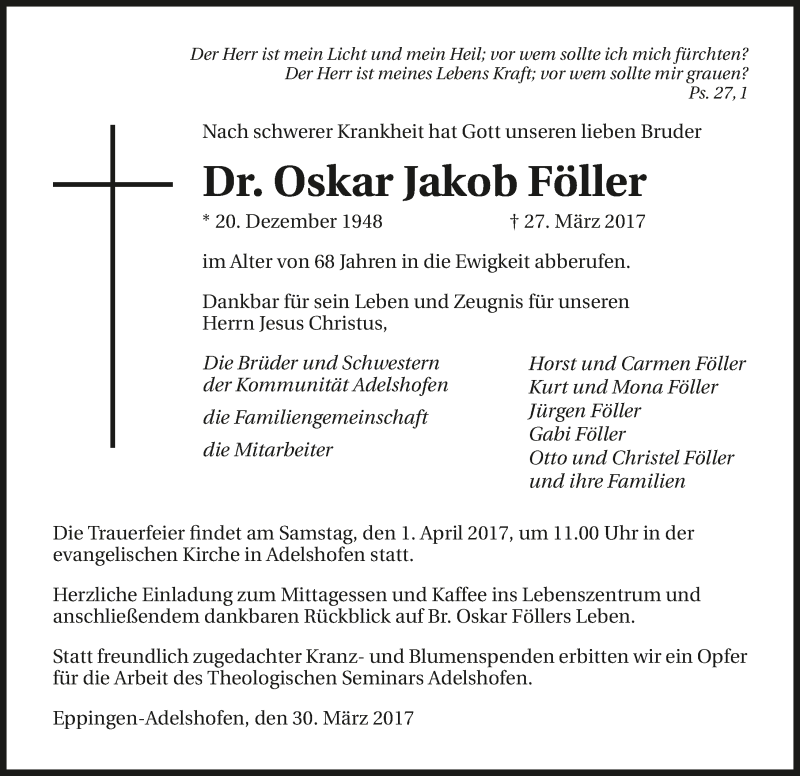 Traueranzeige für Oskar Jakob Föller vom 30.03.2017 aus 