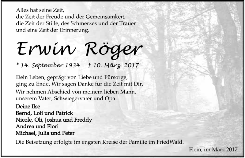  Traueranzeige für Erwin Röger vom 25.03.2017 aus 