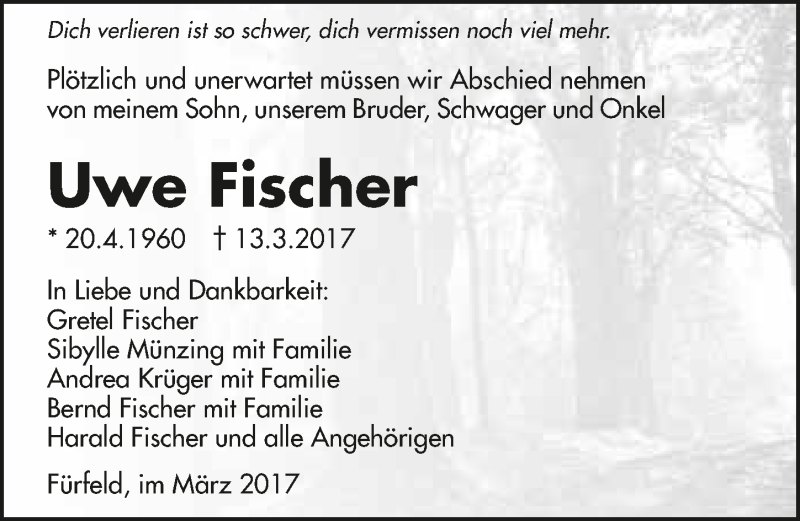  Traueranzeige für Uwe Fischer vom 16.03.2017 aus 