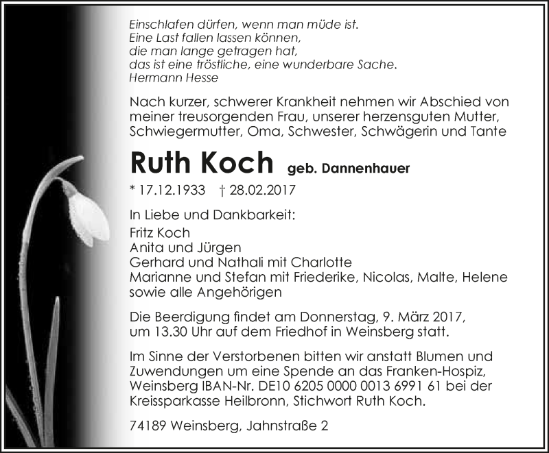  Traueranzeige für Ruth Koch vom 06.03.2017 aus 