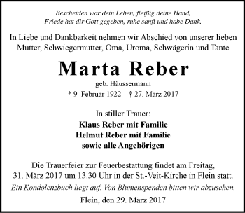 Traueranzeige von Marta Reber 