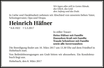 Traueranzeige von Heinrich Häfner 