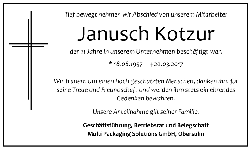  Traueranzeige für Janusch Kotzur vom 27.03.2017 aus 