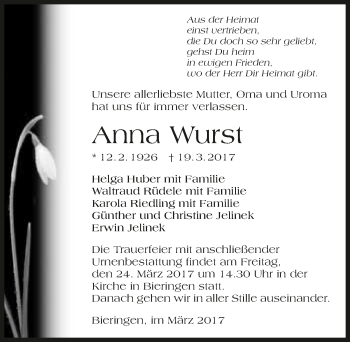 Traueranzeige von Anna Wurst 