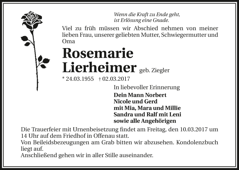  Traueranzeige für Rosemarie Lierheimer vom 04.03.2017 aus 