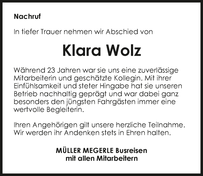  Traueranzeige für Klara Wolz vom 09.03.2017 aus 