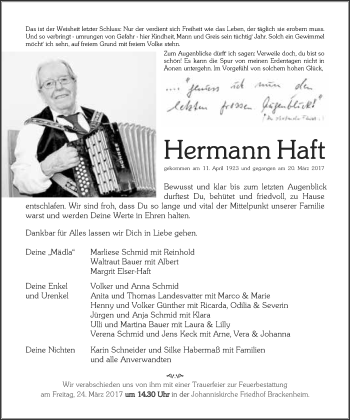 Traueranzeige von Hermann Haft 