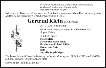 Traueranzeige von Gertrud Klein 