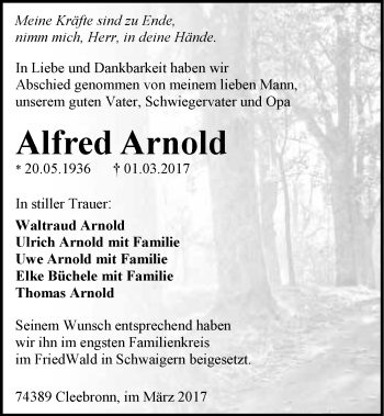 Traueranzeige von Alfred Arnold 