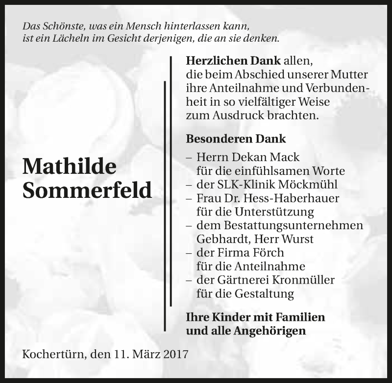  Traueranzeige für Mathilde Sommerfeld vom 11.03.2017 aus 