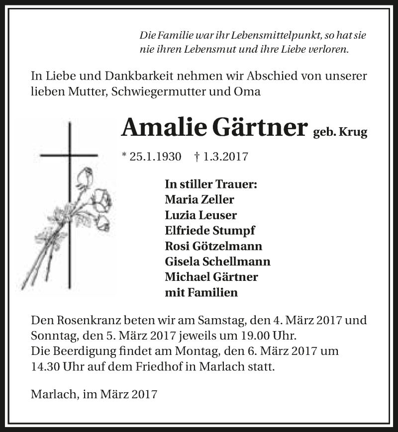  Traueranzeige für Amalie Gärtner vom 04.03.2017 aus 
