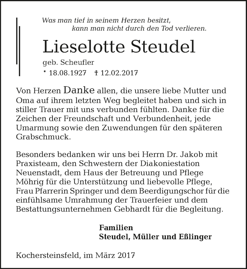  Traueranzeige für Lieselotte Steudel vom 04.03.2017 aus 