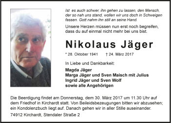 Traueranzeige von Nikolaus Jäger 
