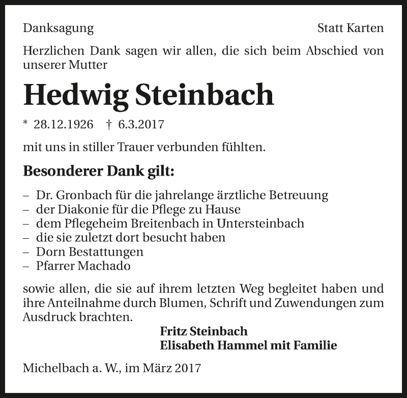  Traueranzeige für Hewdig Steinach vom 29.03.2017 aus 