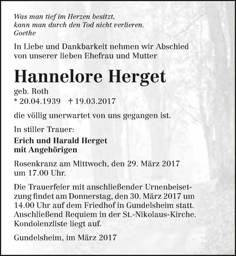  Traueranzeige für Hannelore Herget vom 28.03.2017 aus 