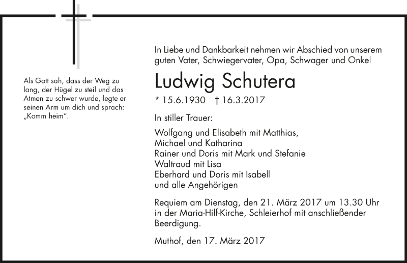  Traueranzeige für Ludwig Schutera vom 18.03.2017 aus 