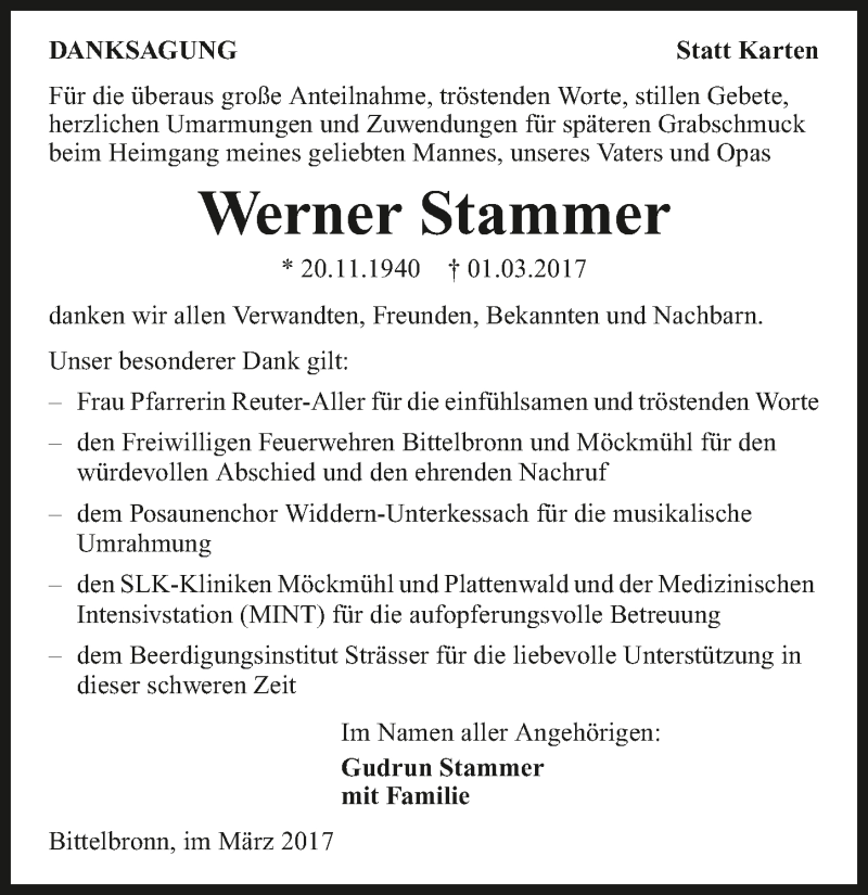  Traueranzeige für Werner Stammer vom 11.03.2017 aus 