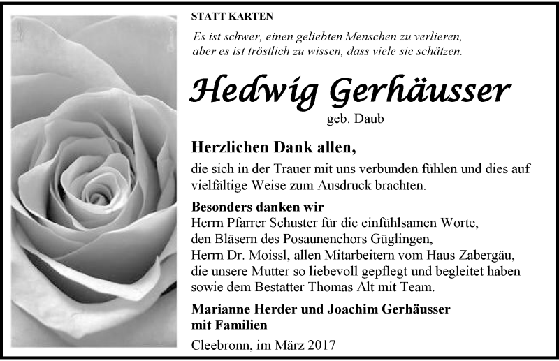  Traueranzeige für Hedwig Gerhäusser vom 04.03.2017 aus 