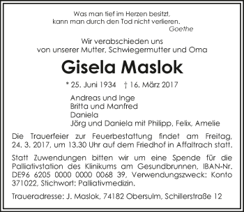 Traueranzeige von Gisela Maslok 