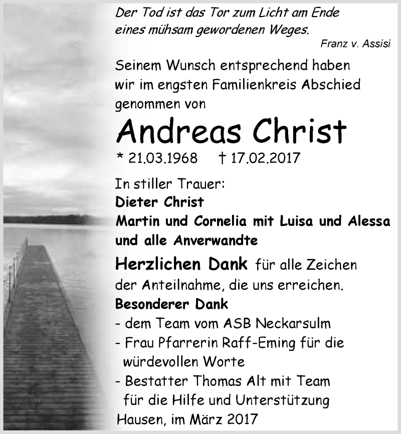  Traueranzeige für Andreas Christ vom 04.03.2017 aus 