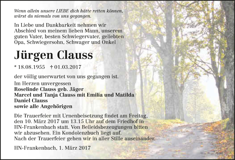  Traueranzeige für Jürgen Clauss vom 07.03.2017 aus 