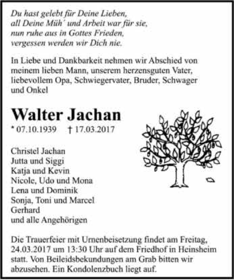  Traueranzeige für Walter Jachan vom 22.03.2017 aus 