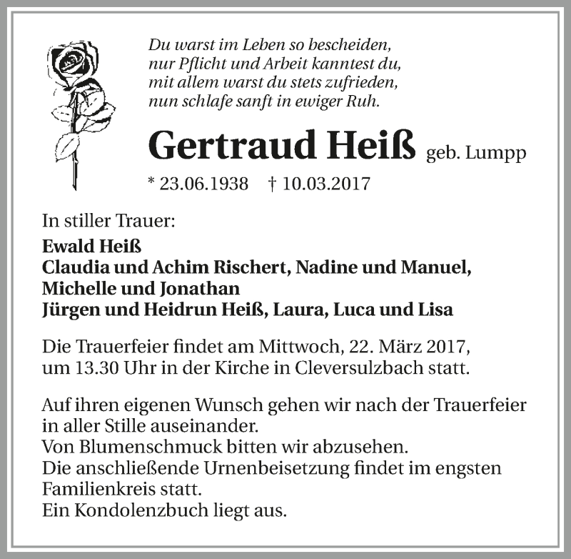  Traueranzeige für Gertraud Heiß vom 18.03.2017 aus 
