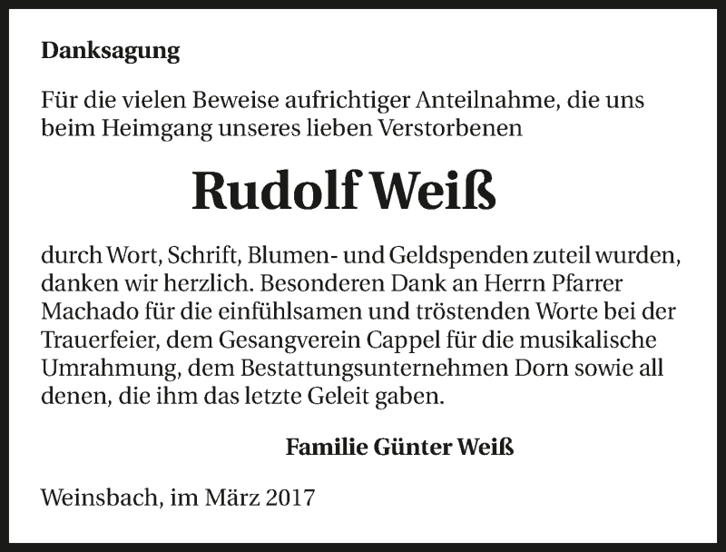  Traueranzeige für Rudolf Weiss vom 03.03.2017 aus 
