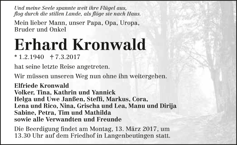  Traueranzeige für Erhard Kronwald vom 10.03.2017 aus 