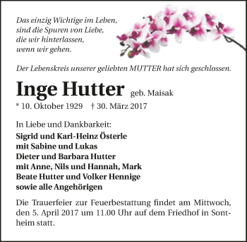 Traueranzeige von Inge Hutter 