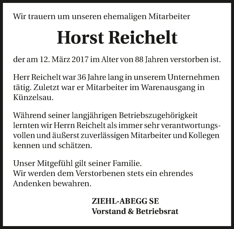  Traueranzeige für Horst Reichelt vom 16.03.2017 aus 