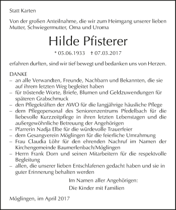 Traueranzeige von Hilde Pfisterer 