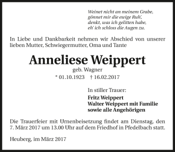Traueranzeige von Anneliese Weippert 