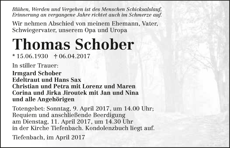  Traueranzeige für Thomas Schober vom 08.04.2017 aus 
