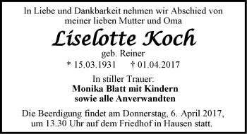 Traueranzeige von Lieselotte Koch 