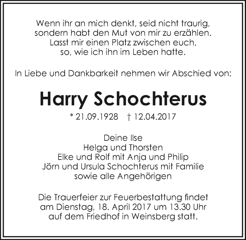  Traueranzeige für Harry Schochterus vom 13.04.2017 aus 