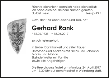 Traueranzeige von Gerhard Rank 